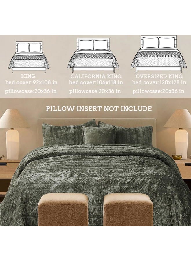COCOPLOCEUS 3 Pieces Luxurious Velvet California King Quilts Set 106x118 Ruched Bedspread Coverlet Quilted Bedding Set with 2 Pillow Shams 20x36 Ultra Soft Comforter for All Season, Army Green - Image 4