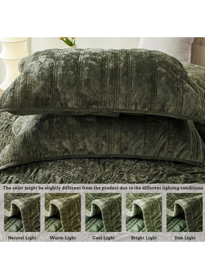 COCOPLOCEUS 3 Pieces Luxurious Velvet California King Quilts Set 106x118 Ruched Bedspread Coverlet Quilted Bedding Set with 2 Pillow Shams 20x36 Ultra Soft Comforter for All Season, Army Green - Image 2
