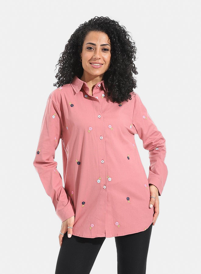 Andora Embrodired Long Sleeves Turned Down Collar Shirts _ Rose - Image 1