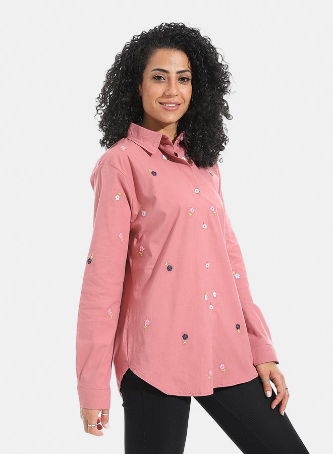 Andora Embrodired Long Sleeves Turned Down Collar Shirts _ Rose - Image 2