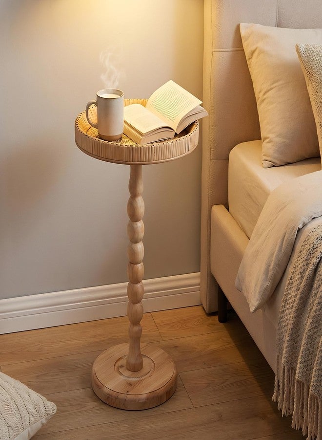 SUJUN Boho Rattan Round Side Table - Small Pedestal Table for Living Room, Bedroom, or Office - Compact End Table with Solid Wood Legs - Modern Coffee Table for Small Spaces, Corners, & Plant Stand - Image 1