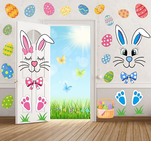 CYNOSA Easter Bunny Door Stickers Easter Door Decor Large Bunny Face Stickers with Eggs Decals for Spring Door Window Refrigerator Decorations - Image 2