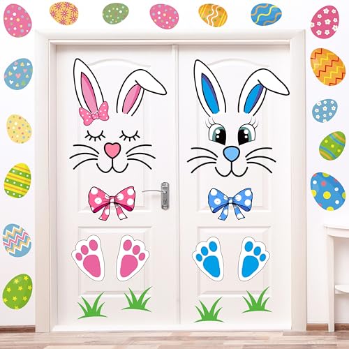CYNOSA Easter Bunny Door Stickers Easter Door Decor Large Bunny Face Stickers with Eggs Decals for Spring Door Window Refrigerator Decorations - Image 1