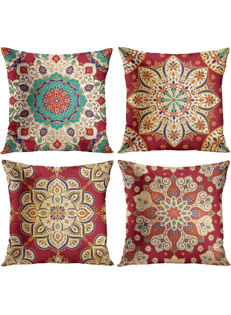 SHAOZHEN Throw Pillow Covers, Red Mandala Ethnic Flower Home Decor Set of 4 Pillow Cases, 18 X 18 inches Sofa Cushion Couch Sofa Pillowcases Decorative - Image 1