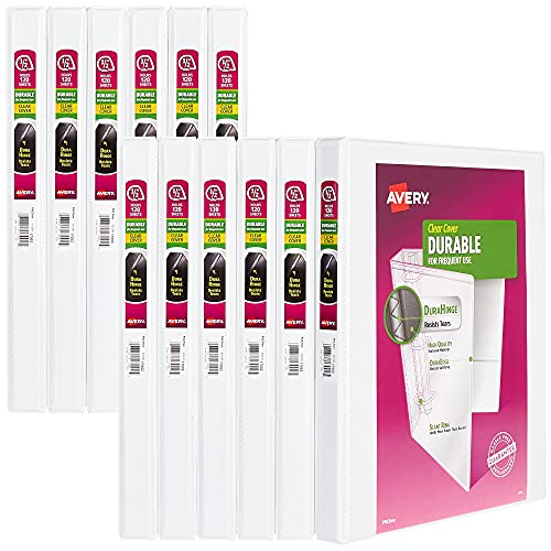 Avery Durable View 3 Ring Binders, 0.5" Slant Rings, 135-Sheet Capacity, 0.7 Inch Wide Spine, Great for Home, School Supplies, Office, or Organization Needs, White Binders (12-Pack of 17002) - Image 1
