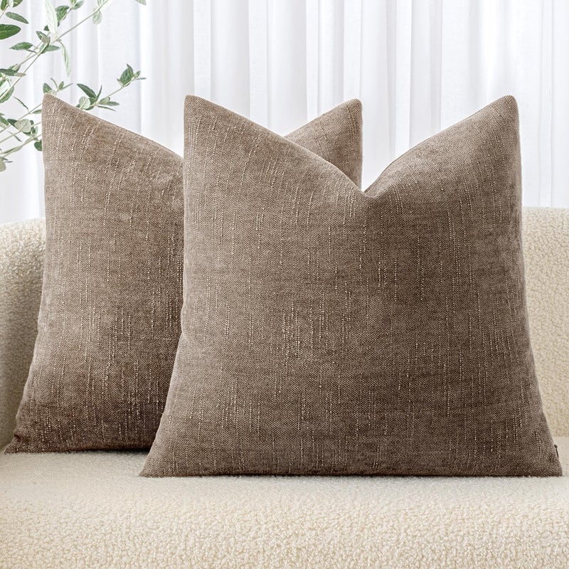 MIULEE 26x26 Inch Euro Sham Chenille Throw Pillows Set of 2 Soft Accent Taupe Grey Neutral Farmhouse Textured Cushion Covers for Bed Sofa Bedroom Living Room