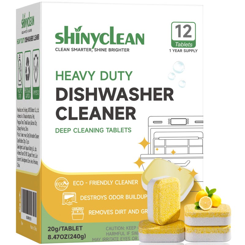 Shinyclean Heavy Duty Dishwasher Cleaning Tablets 12 Pack - 1 Year Supply | Natural Dishwasher Cleaner and Deodorizer | Helps Remove Limescale, Hard Water & Odor | Septic Safe, All Brands Compatible - Image 1