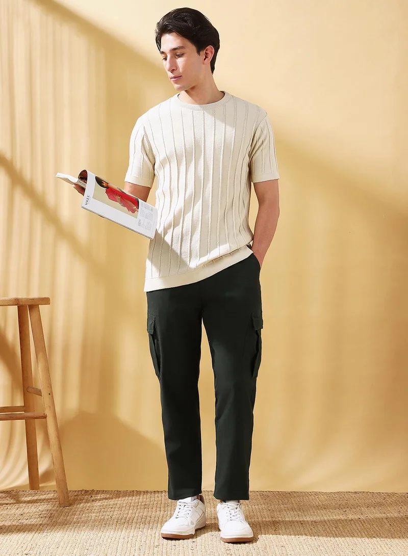 Dennis Lingo Men's Off White Cotton Self Designed Regular Fit T-Shirt