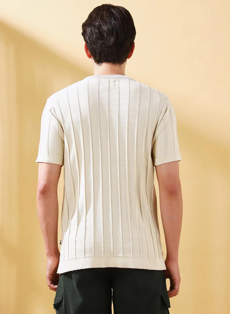 Dennis Lingo Men's Off White Cotton Self Designed Regular Fit T-Shirt