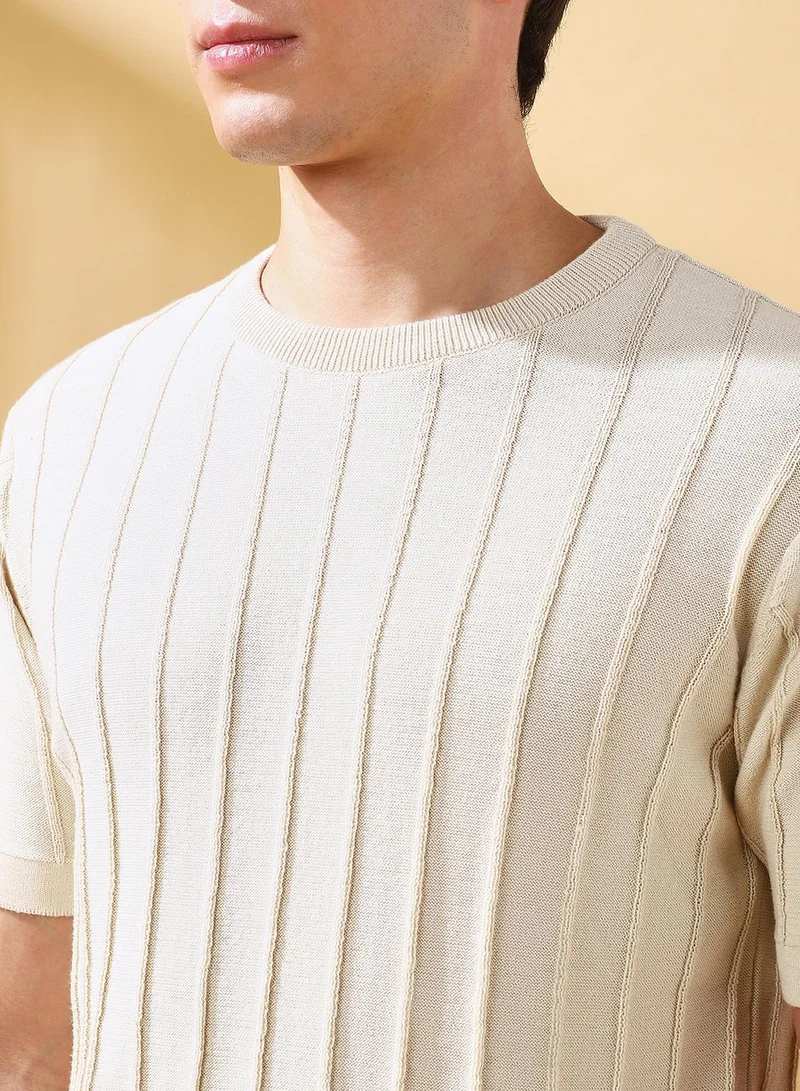 Dennis Lingo Men's Off White Cotton Self Designed Regular Fit T-Shirt