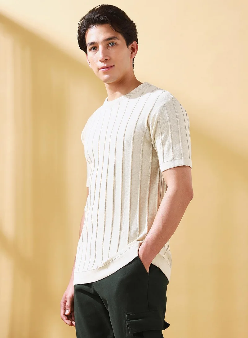Dennis Lingo Men's Off White Cotton Self Designed Regular Fit T-Shirt