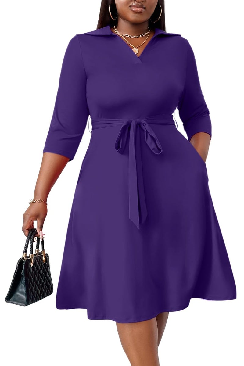 FANDEE Dark Purple Dresses for Women Cocktail Casual Wrap Flared Midi Dress Wedding Guest Cocktail Tea Dresses for Spring Summer Fall Winter 3XL - Image 1