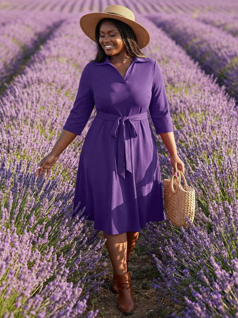 FANDEE Dark Purple Dresses for Women Cocktail Casual Wrap Flared Midi Dress Wedding Guest Cocktail Tea Dresses for Spring Summer Fall Winter 3XL - Image 5