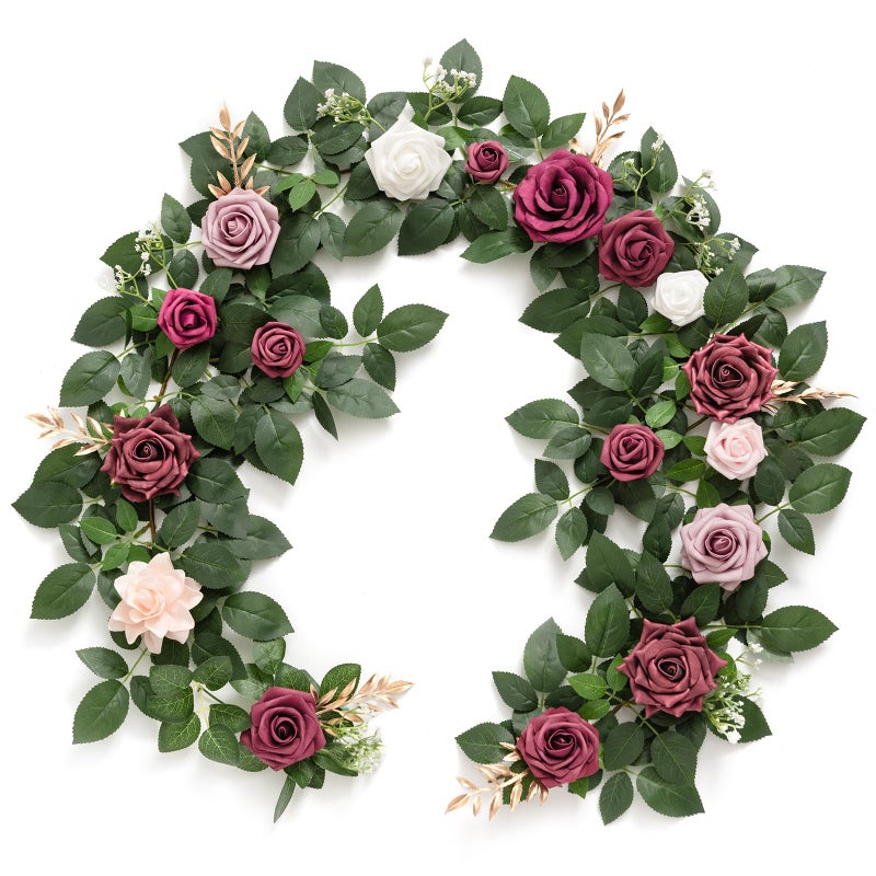 Ling's moment Lings Moment 5FT Burgundy Artificial Flower Garland Dusty Rose Leaves Floral Garland Arch Flowers Vine for Wedding Party Backdrop Decor Mantel Home Table Centerpieces Wall Decorations 