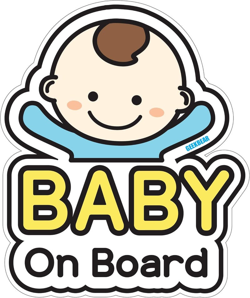 GEEKBEAR Baby on Board Sticker for Cars (01. Basic Boy) – Cartoon Style Design as a Car Accessory - Reflective, Weather-Resistant and Eye-Catching - Image 1