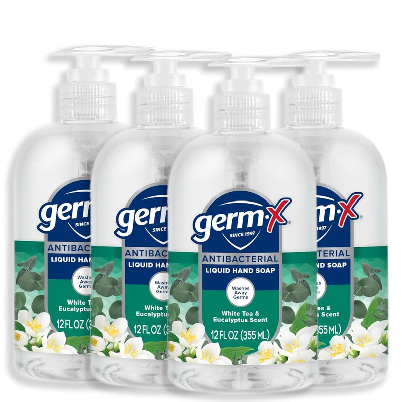 GermX Antibacterial Hand Soap Moisturizing Liquid Hand Wash for Kitchen or Bathroom pH Balanced  Dermatologist Tested White Tea  Eucalyptus 12 oz Pump Bottle Pack of 4