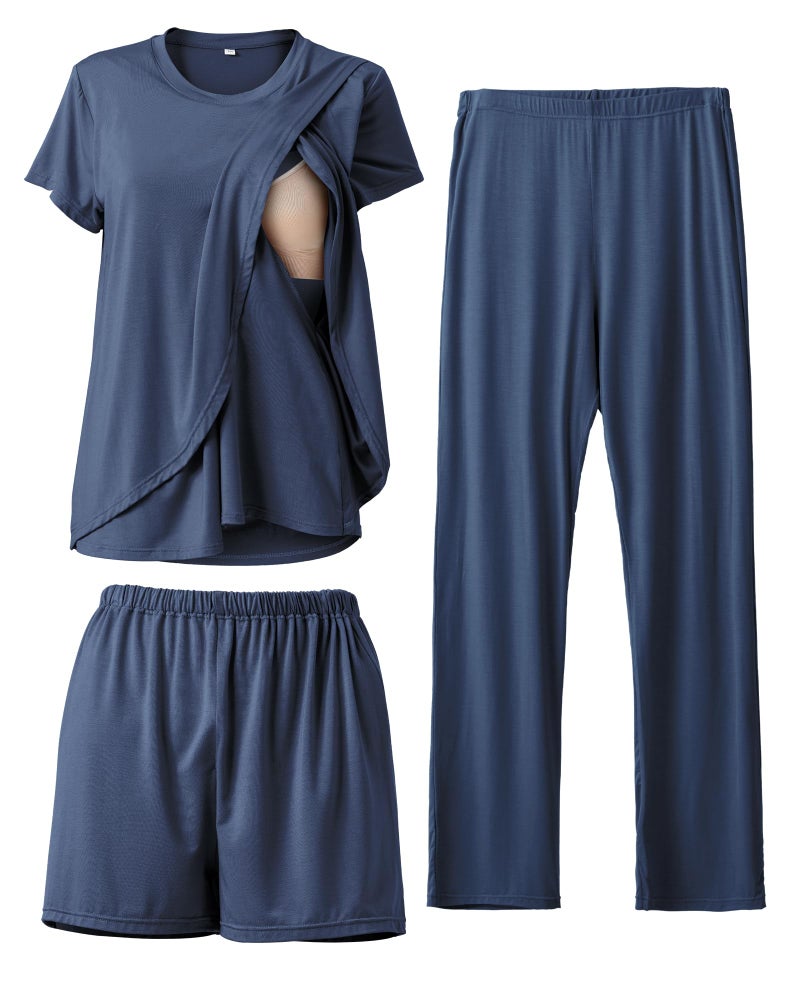 Rnxrbb 3 Piece Postpartum Nursing Pajamas Set Double Layer Maternity Breastfeeding Pjs Sleepwear for Women,Navy XL - Image 1