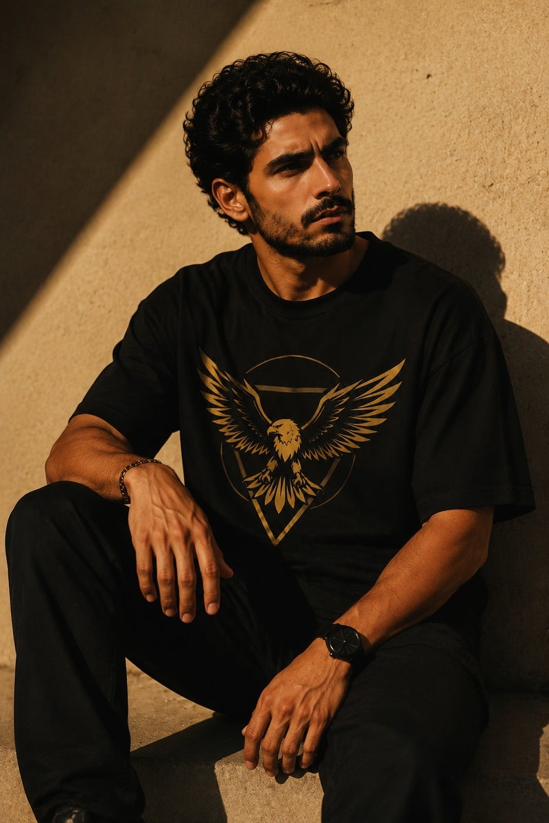 Men's Oversized Black Eagle Graphic T-Shirt Casual Short Sleeve Crew Neck Streetwear Tee - Image 4