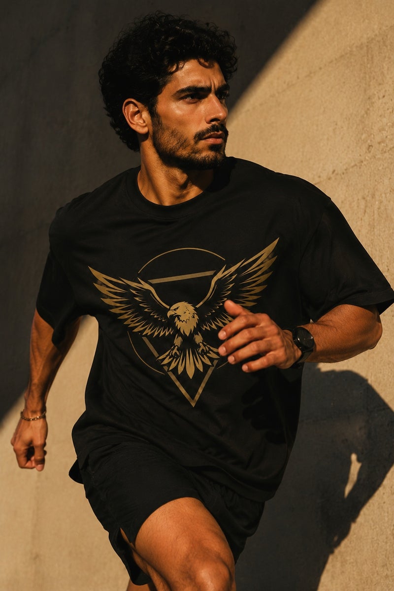 Men's Oversized Black Eagle Graphic T-Shirt Casual Short Sleeve Crew Neck Streetwear Tee - Image 3