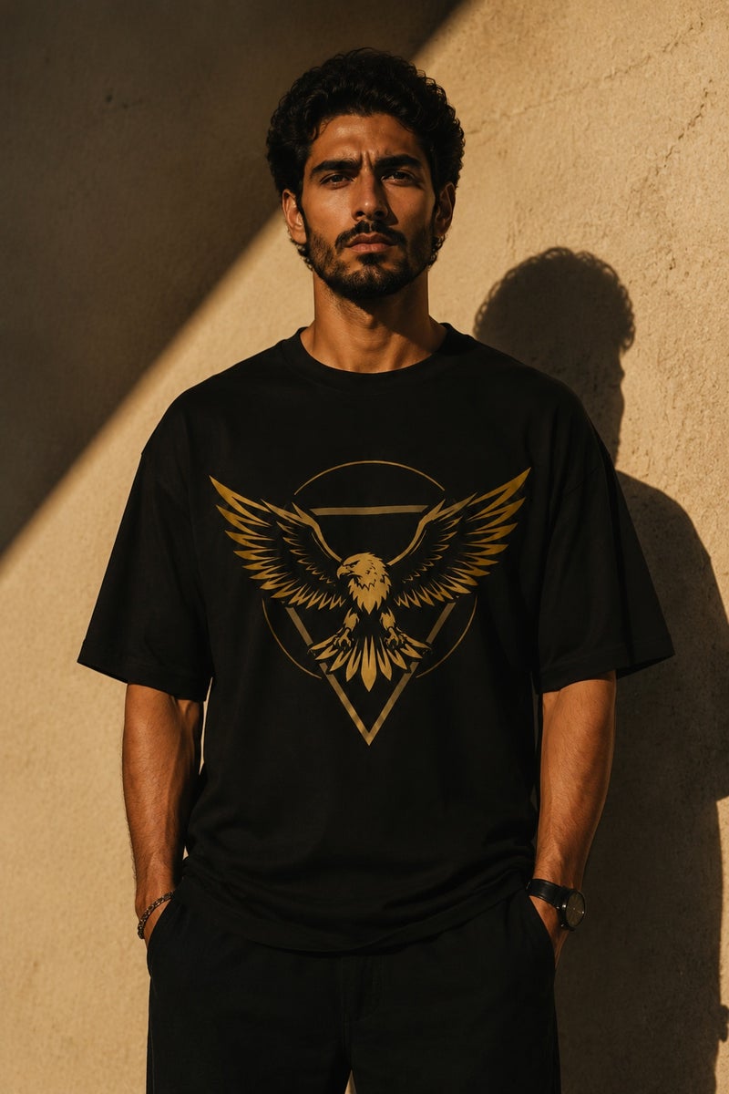 Men's Oversized Black Eagle Graphic T-Shirt Casual Short Sleeve Crew Neck Streetwear Tee - Image 2
