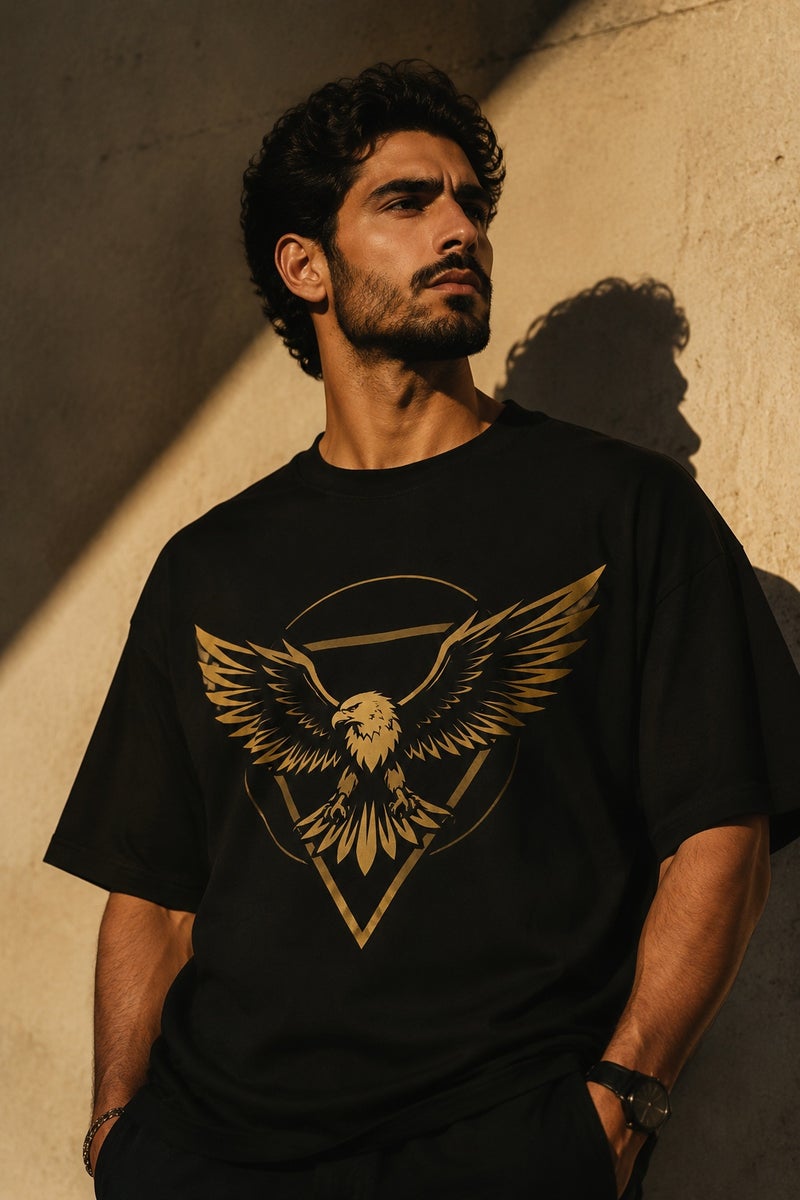 Men's Oversized Black Eagle Graphic T-Shirt Casual Short Sleeve Crew Neck Streetwear Tee - Image 1