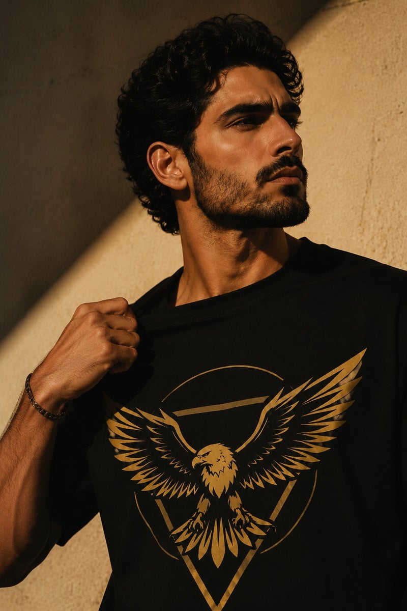 Men's Oversized Black Eagle Graphic T-Shirt Casual Short Sleeve Crew Neck Streetwear Tee - Image 5