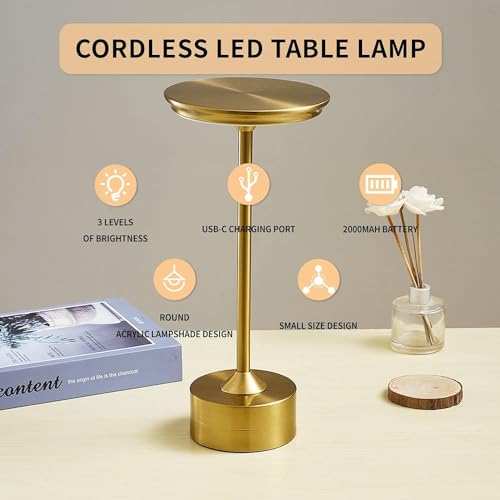Desidiya Metal Rechargeable Cordless LED Table Lamps Touch Sensor Light, 3-Levels Portable Dimming Wireless Battery Operated Lamp?Nightstand Lamp/Night Light/Restaurant Table/Outdoor/Coffee/Bar (Gold) - Image 2