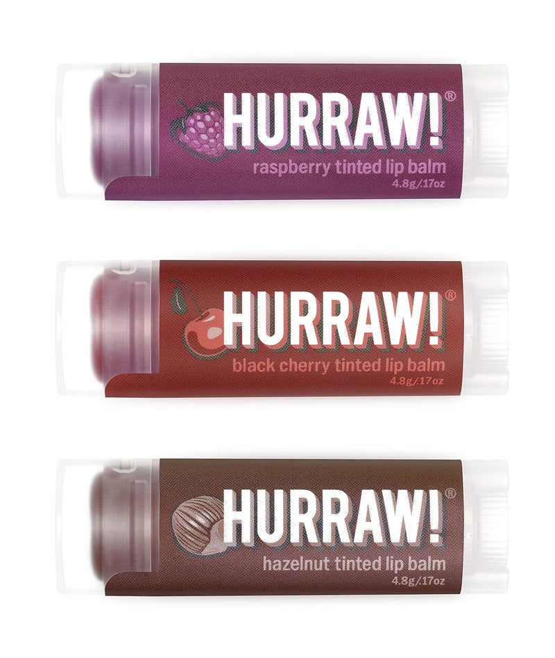 Hurraw Raspberry Tinted Black Cherry Tinted Hazelnut Tinted Lip Balms 3 Pack Bundle Organic Certified Vegan Cruelty  Gluten Free NonGMO 100 Natural Bee Shea Soy  Palm Free Made in USA