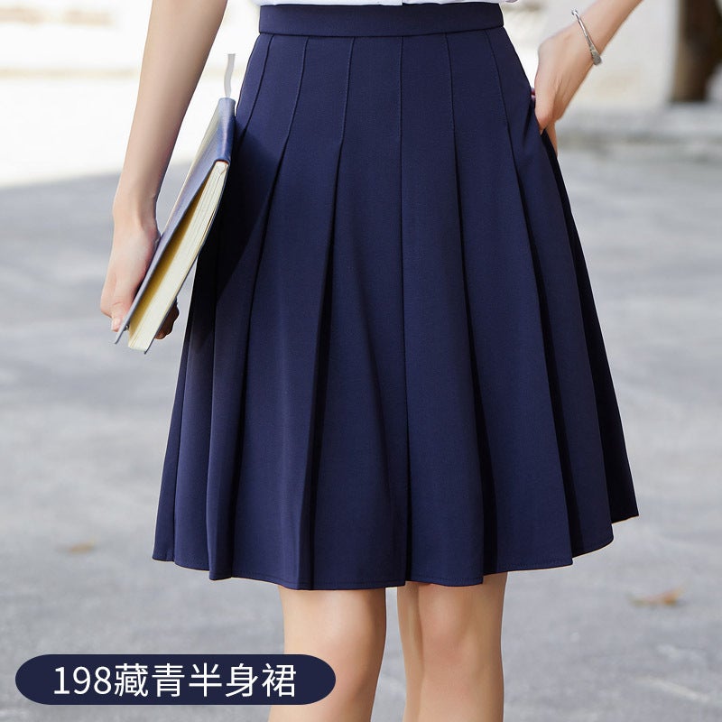 Womens Short Sleeve Shirt Skirt Set for Teachers 198 navy pleated skirt