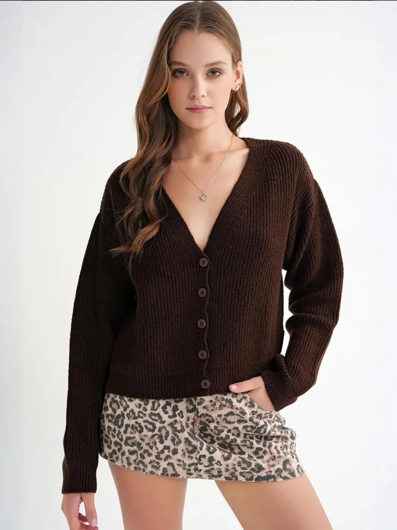 MixRay Mixray Textured V-Neck Button Cardigan