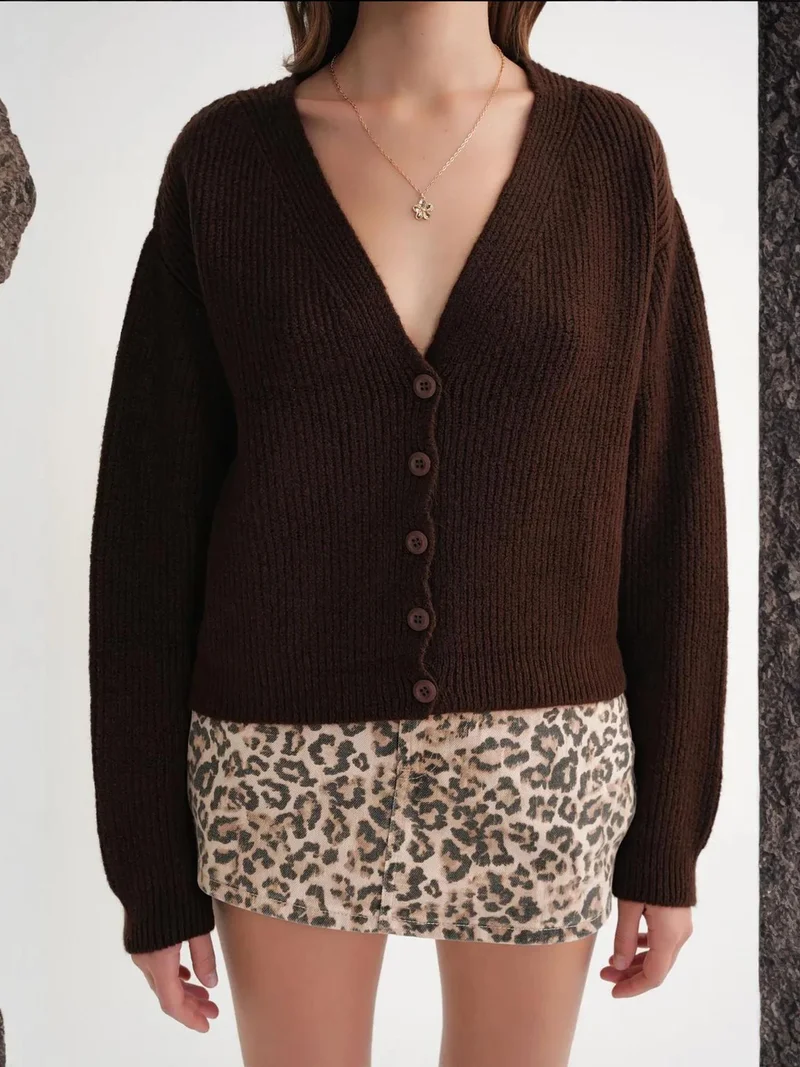 MixRay Coffee Brown Mixray Textured V-Neck Button Cardigan for Women | Best Price UAE