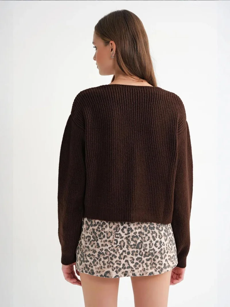 MixRay Coffee Brown Mixray Textured V-Neck Button Cardigan for Women | Best Price UAE
