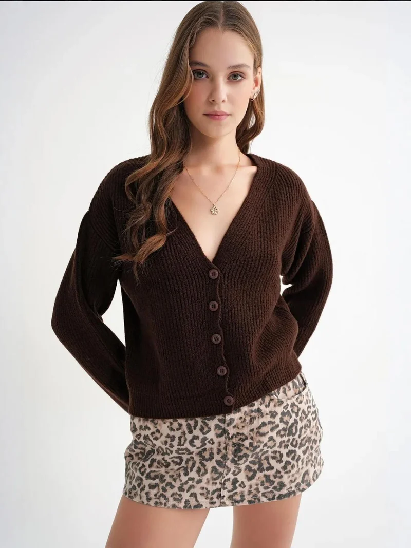MixRay Coffee Brown Mixray Textured V-Neck Button Cardigan for Women | Best Price UAE