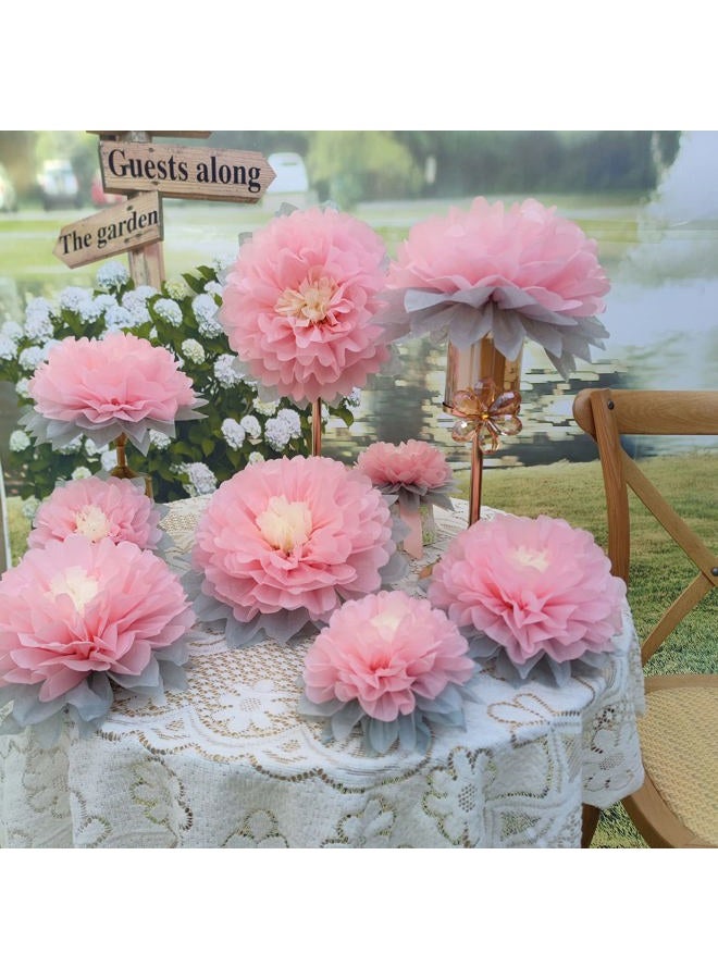 Mybbshower Paper Flower Decorations for Wall Backdrop Girld Nursery Wall Decor Wedding Bridal Shower Rooms Pink Grey Sizes 11" 9" 7" Pack of9 - Image 2