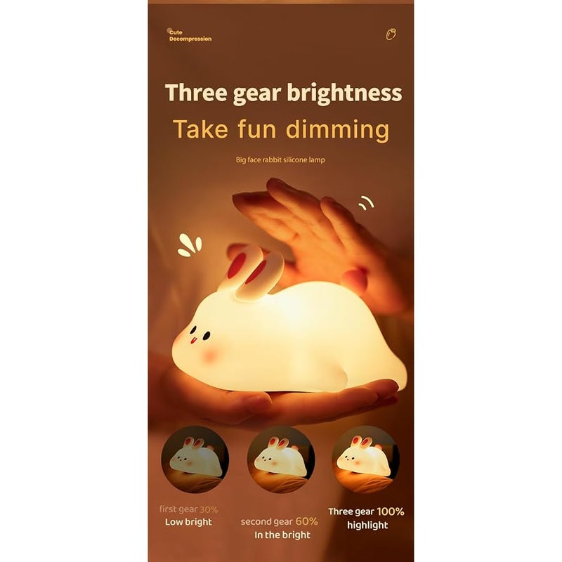 ATSUI Rabbit Night Light, LED Squishy Novelty Animal Night Lamp, Food Grade Silicone 3 Level Dimmable Nursery Nightlight for Desk Decor, Funny Gifts Stuff for Boys Girls Baby, White Elephant Gifts - Image 3