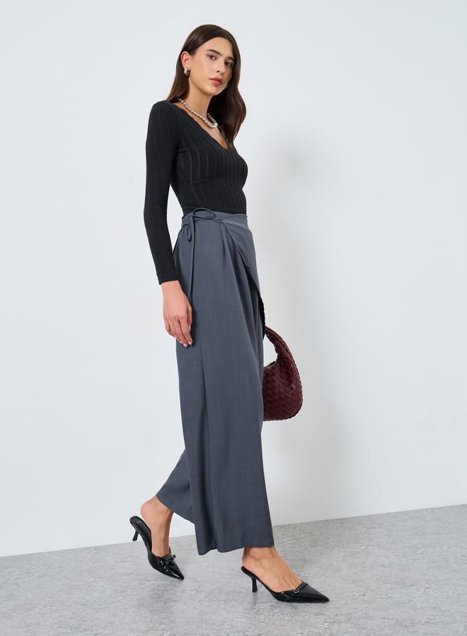 Take Two Grey Solid Tie-Up Wide Leg Pants - Image 2
