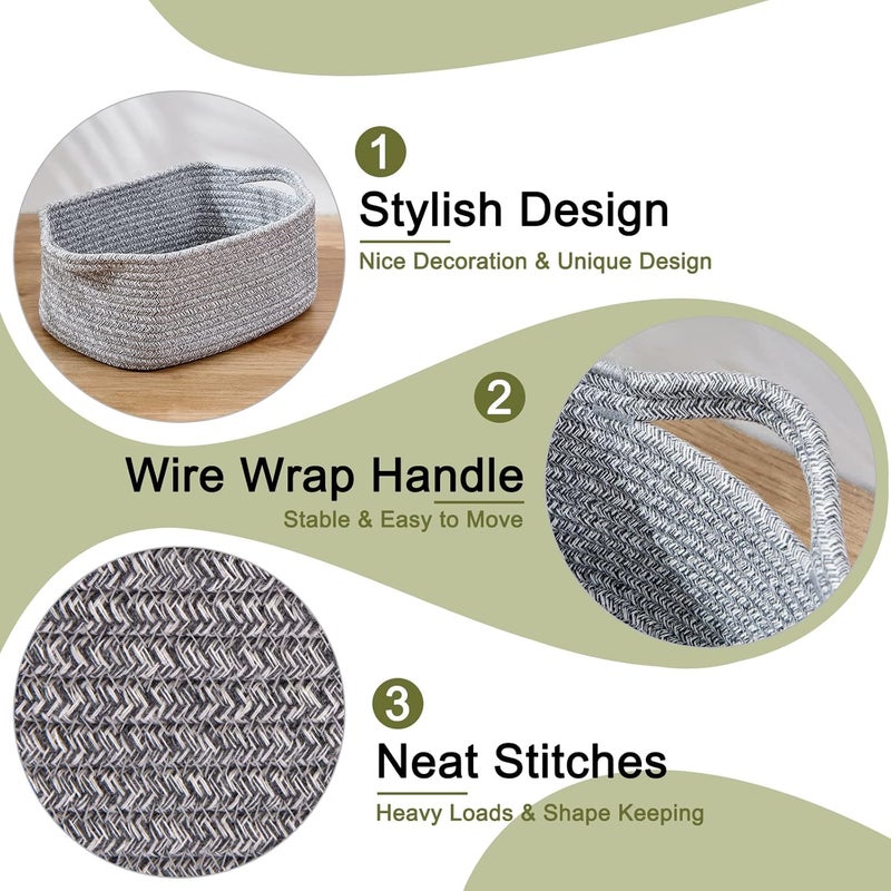 OIAHOMY Cotton Rope Baskets, Woven Baskets for Storage, Nursery Storage Baskets, Rectangle Storage Basket with Handles, Storage Baskets for Shelves, Pack of 3, Gray Variegated - Image 4