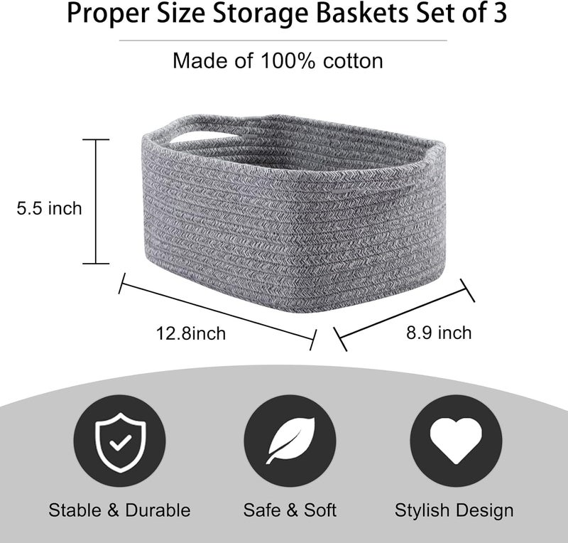OIAHOMY Cotton Rope Baskets, Woven Baskets for Storage, Nursery Storage Baskets, Rectangle Storage Basket with Handles, Storage Baskets for Shelves, Pack of 3, Gray Variegated - Image 3
