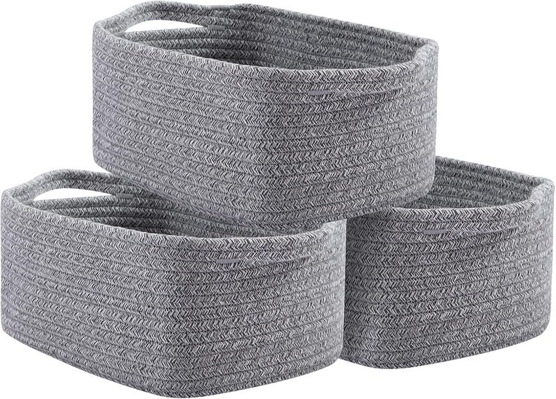 OIAHOMY Cotton Rope Baskets, Woven Baskets for Storage, Nursery Storage Baskets, Rectangle Storage Basket with Handles, Storage Baskets for Shelves, Pack of 3, Gray Variegated - Image 1