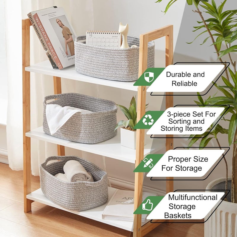 OIAHOMY Cotton Rope Baskets, Woven Baskets for Storage, Nursery Storage Baskets, Rectangle Storage Basket with Handles, Storage Baskets for Shelves, Pack of 3, Gray Variegated - Image 5