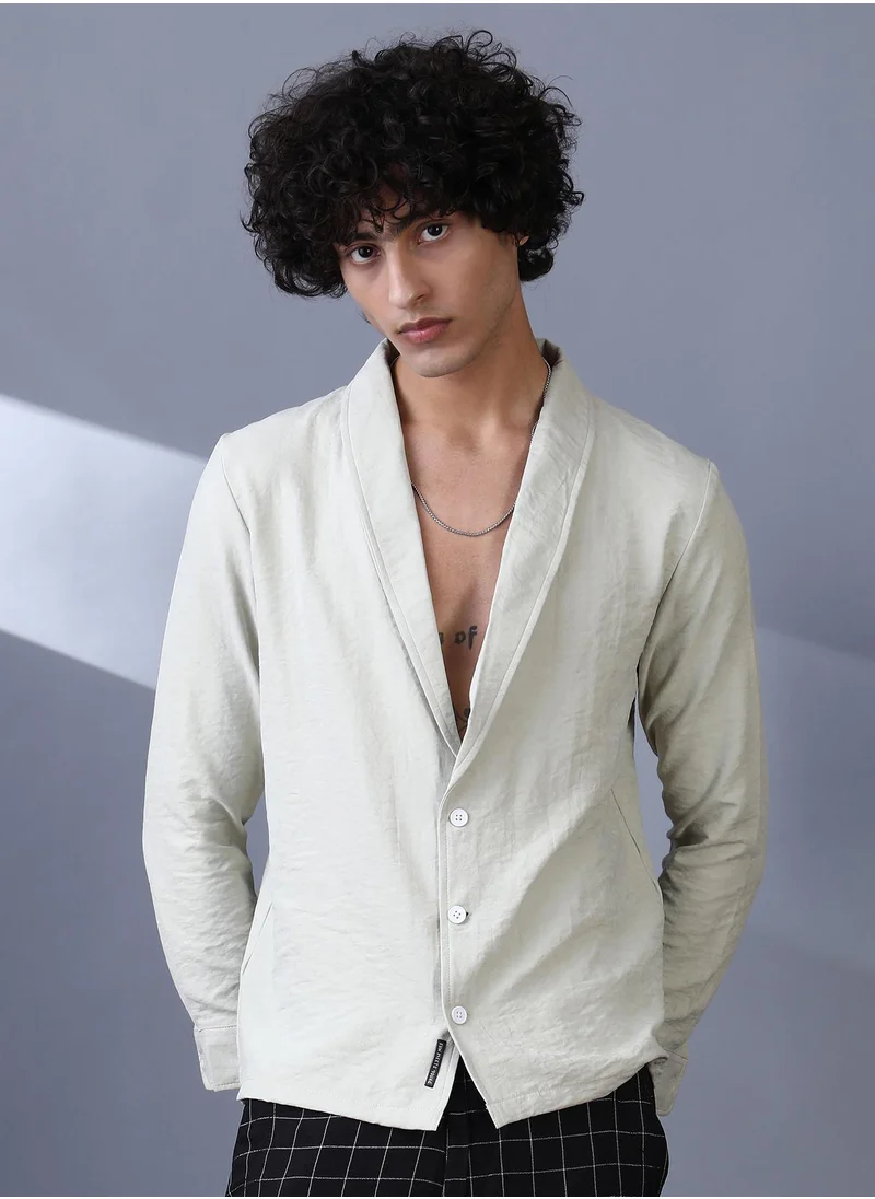 Campus Sutra Campus Sutra Men's Pistachio Solid Shawl Collar Oversized Shirt For Casual Wear | Shawl Collar | Long Cuffed Sleeves | Button Closure | Oversized Shirt Crafted With Comfort Fit For Everyday Wear