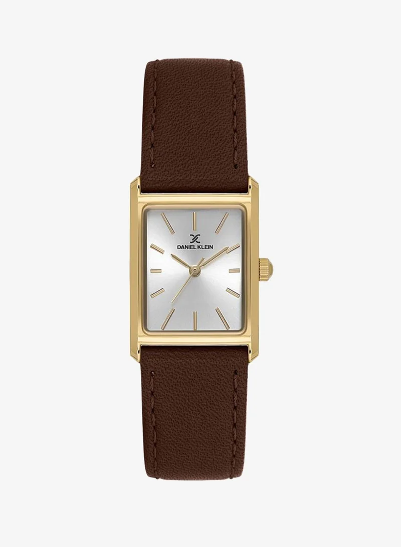 DANIEL KLEIN Women's Leather Gold Alloy Case Analog Silver Square Sunray Dial Japanese Quartz Premium 30 Meters Water Resistant