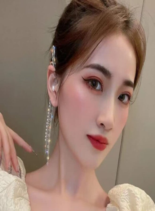 Wiwpar Butterfly Rhinestone Ear Cuffs Right No Piercing Ear Clip Dainty Beads Tassel Chain Ear Clip Asymmetry Silver Chain Drop Dangle Earrings Single for Women Weeding - Image 3