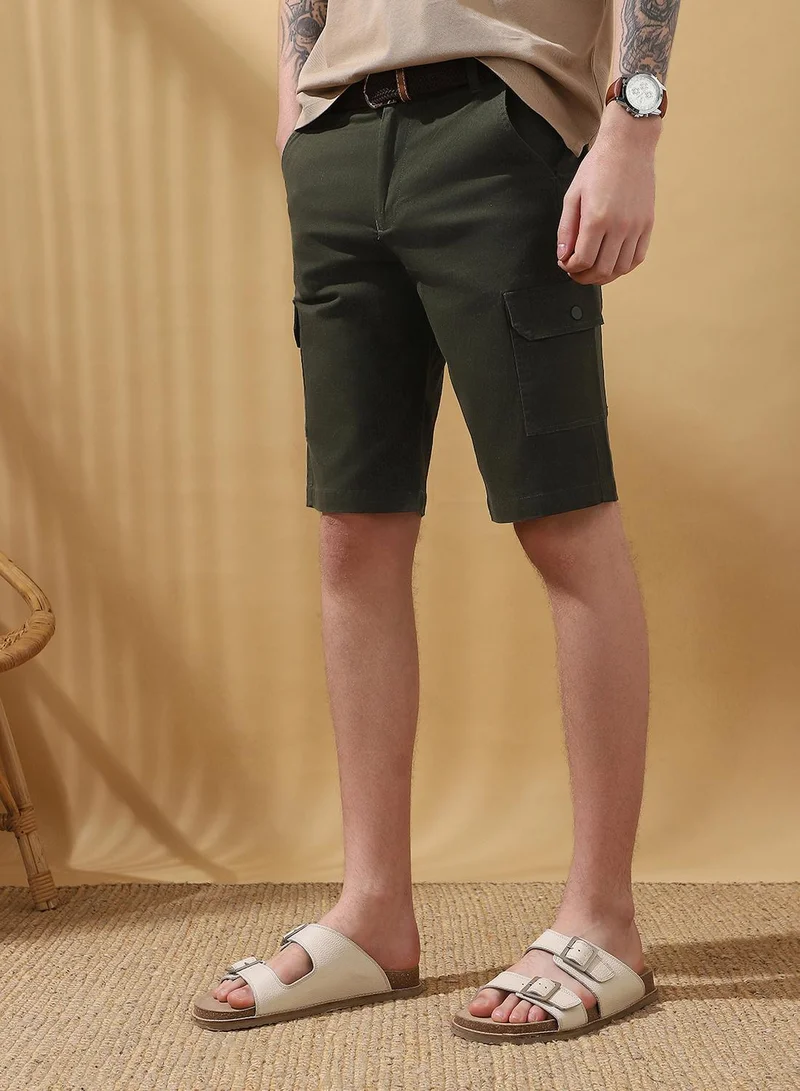 Dennis Lingo Olive Men's Olive 100% Cotton Solid Cropped Cargo Regular Fit Shorts for Men | Best Price UAE