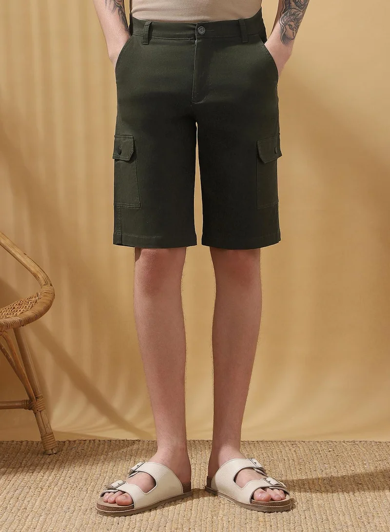 Dennis Lingo Olive Men's Olive 100% Cotton Solid Cropped Cargo Regular Fit Shorts for Men | Best Price UAE