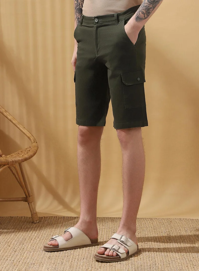 Dennis Lingo Olive Men's Olive 100% Cotton Solid Cropped Cargo Regular Fit Shorts for Men | Best Price UAE