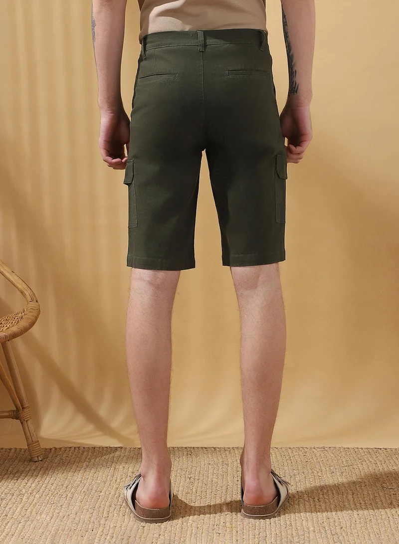 Dennis Lingo Olive Men's Olive 100% Cotton Solid Cropped Cargo Regular Fit Shorts for Men | Best Price UAE