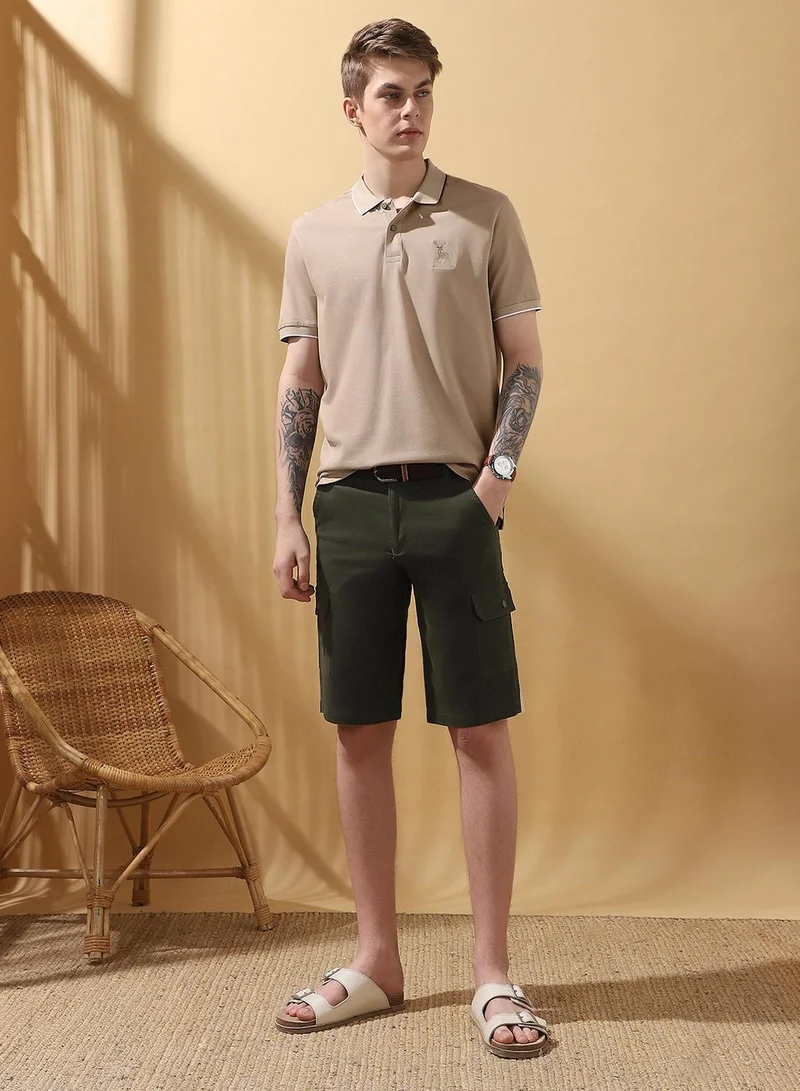 Men's Olive 100% Cotton Solid Cropped Cargo Regular Fit Shorts