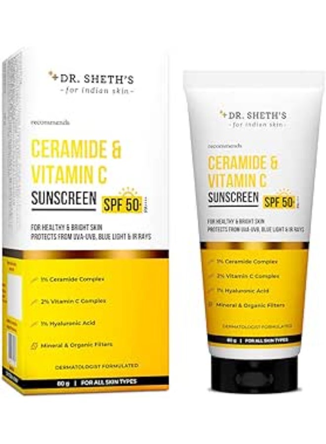Dr. Sheth's Women & Men Ceramide & Vitamin C Sunscreen For All Skin Types Spf 50+ Pa+++|For Deep Moisturization|Non-Greasy,Quick-Absorbing|Zero White Cast|&|Uva Uvb Sun Protection|80G,Pack Of 1 - Image 1