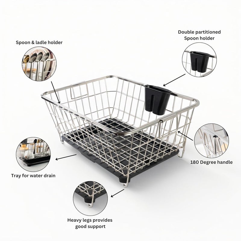 Benevole Stainless Steel Dish Drainer Rack With Unbreakable Drip TrayPlate RackBartan BasketSink Counter Top Dish Drainer RackBlack Tray 43X56X22 Cm - Image 3